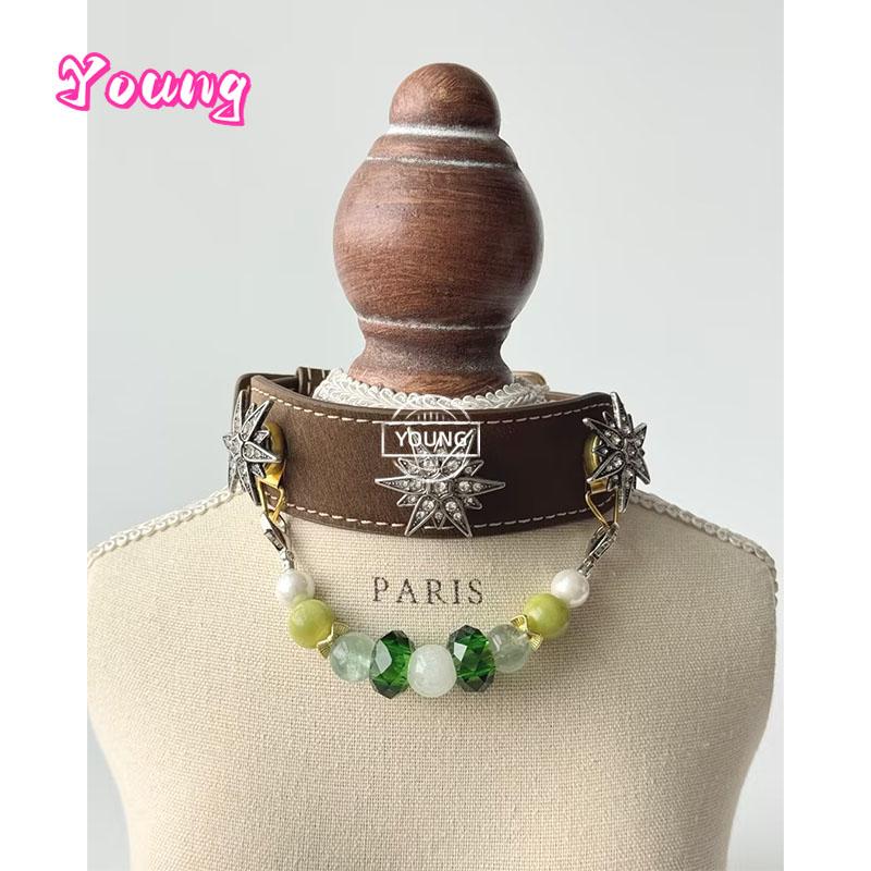 Leather Dog Collar with Detachable Natural Gemstone Charm – Green Fluorite Xiu Jade & Pearl Beaded Pet Necklace Padded Collar
