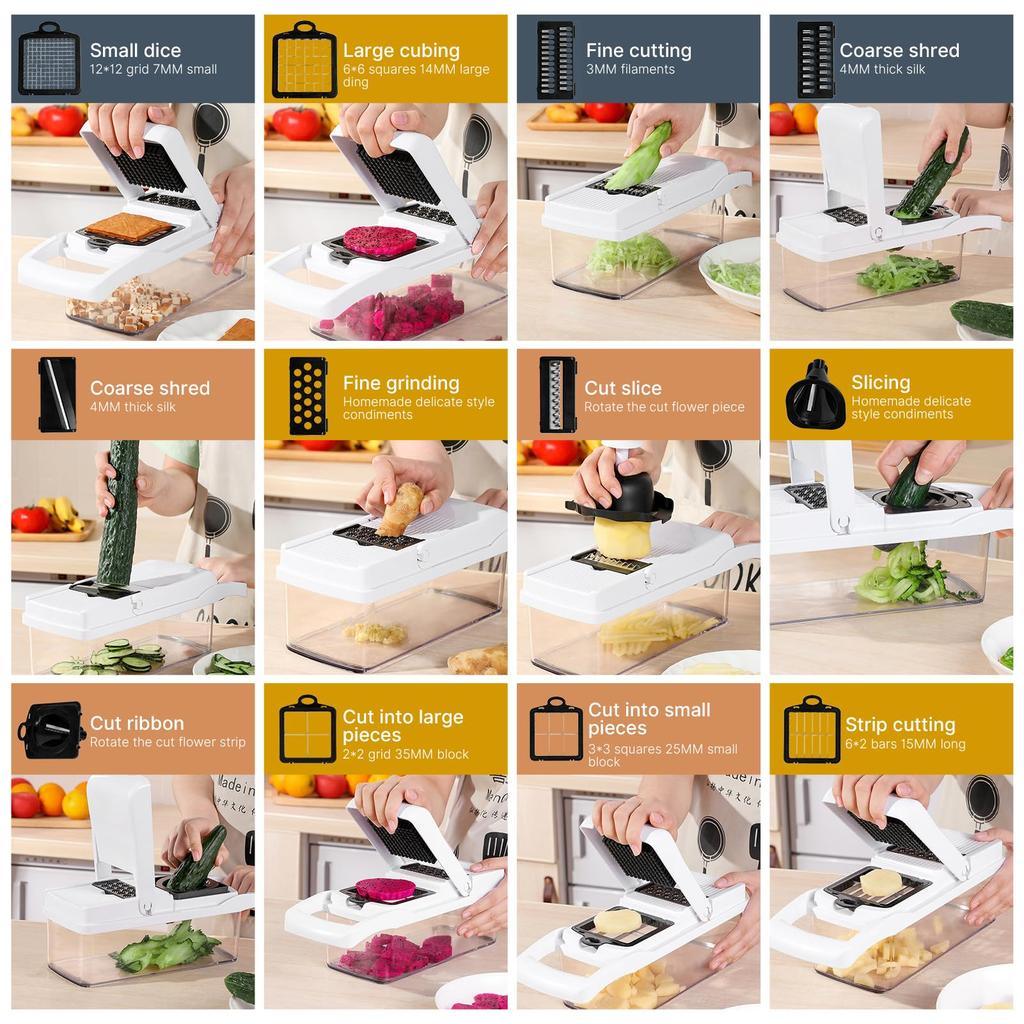 Irishom Gemüsemini-Küche Multifunktionaler Eiweißtrenner mit Handschutz 22-in-1 Schneider, Reibe, Hobel, Selbst reinigendes Hackmesser, Würfel,