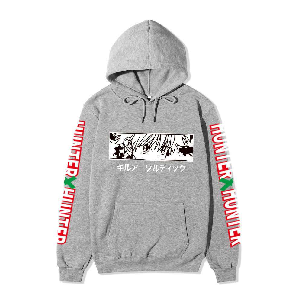Hunter X Hunter Killua Anime Hoodie Sleeve Letter Print Black Manga Long Sleeve Casual Hooded Pullover Sweatshirt