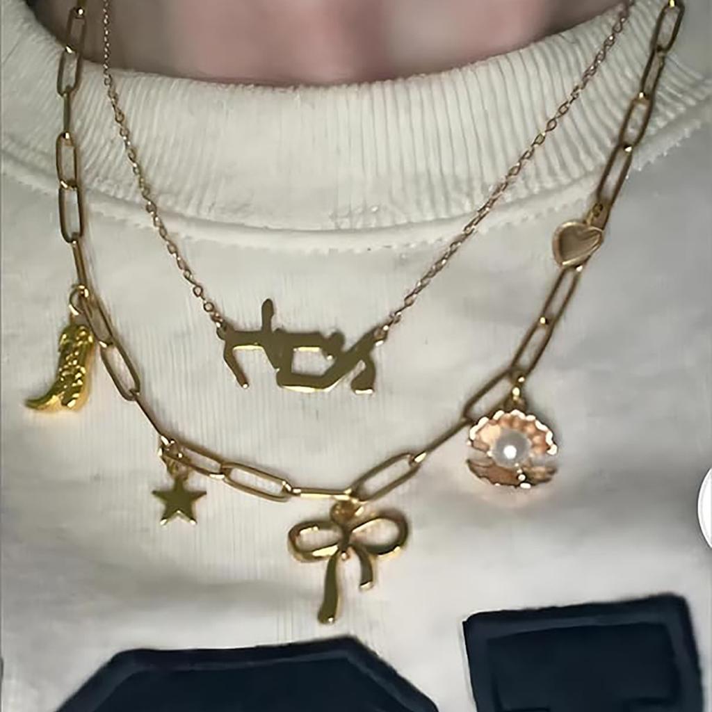 Paper Clip Necklace Bow Pentagram Shell Pearl Love Denim Boots Necklace