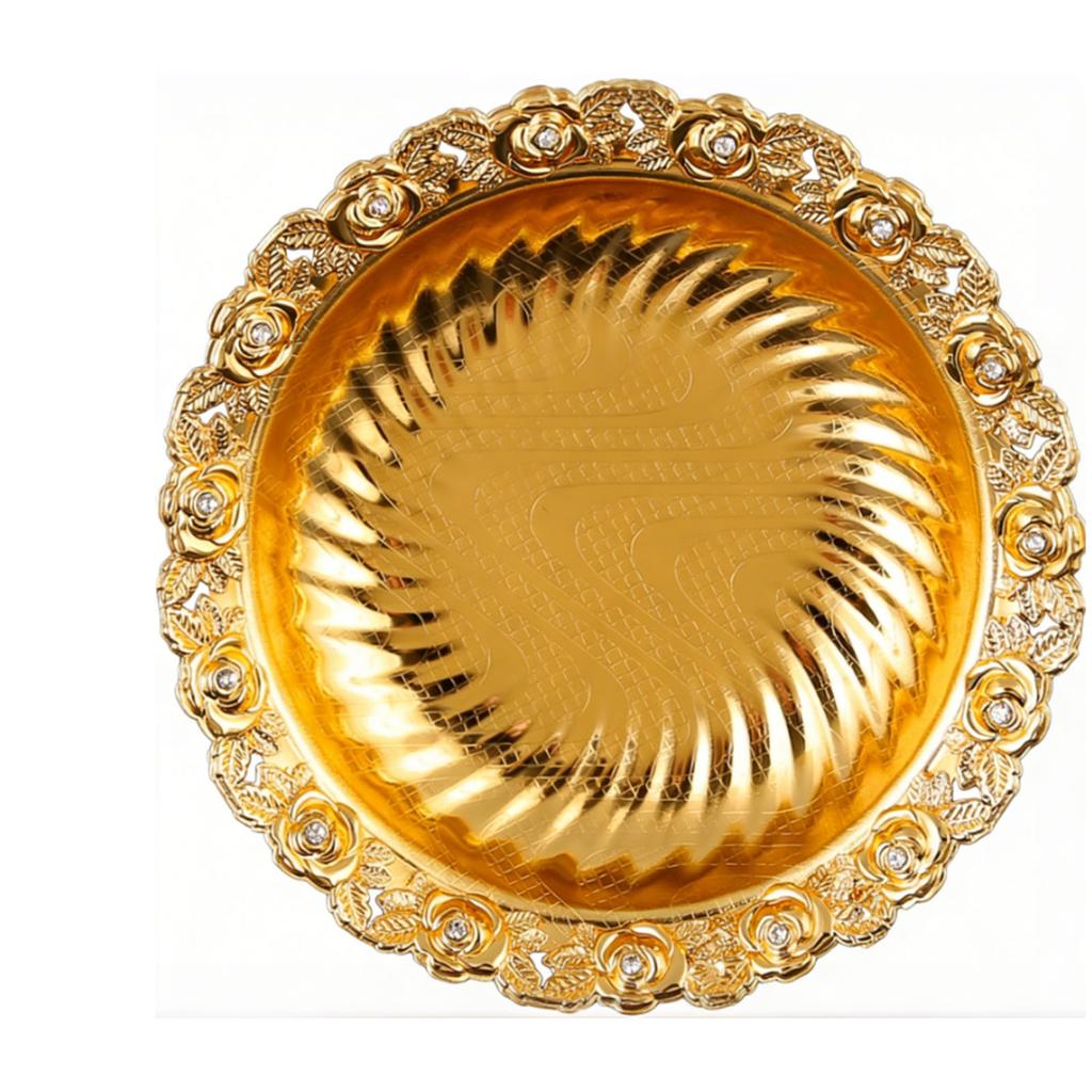 Footed Decorative Fruit Tray Vintage High Gloss Floral Carving Trim Metal Footed Fruit Plate for Snacks Nuts