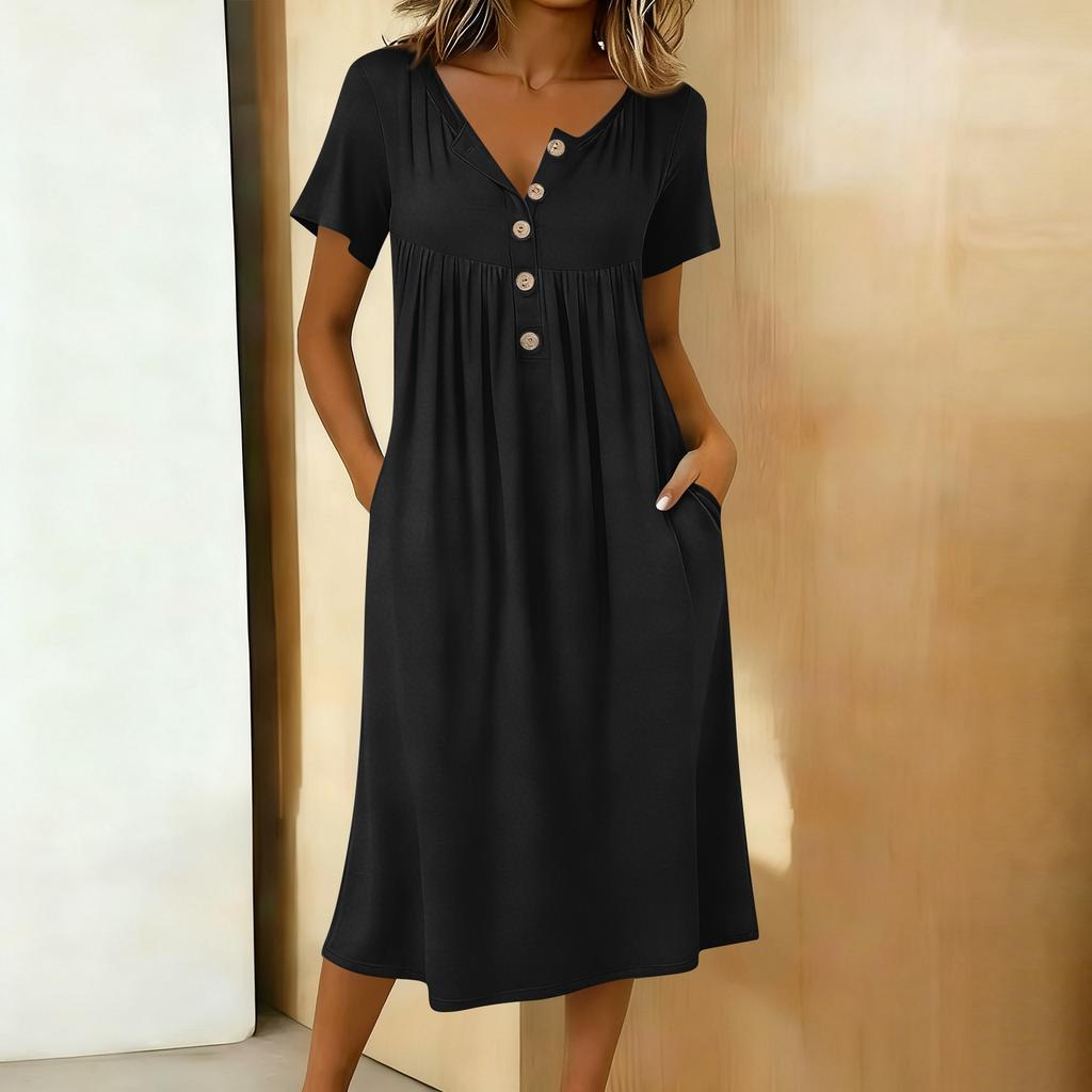 Women's Fashionable Color Round Neck Short Sleeved Button Neck Mid Length Casual Dress