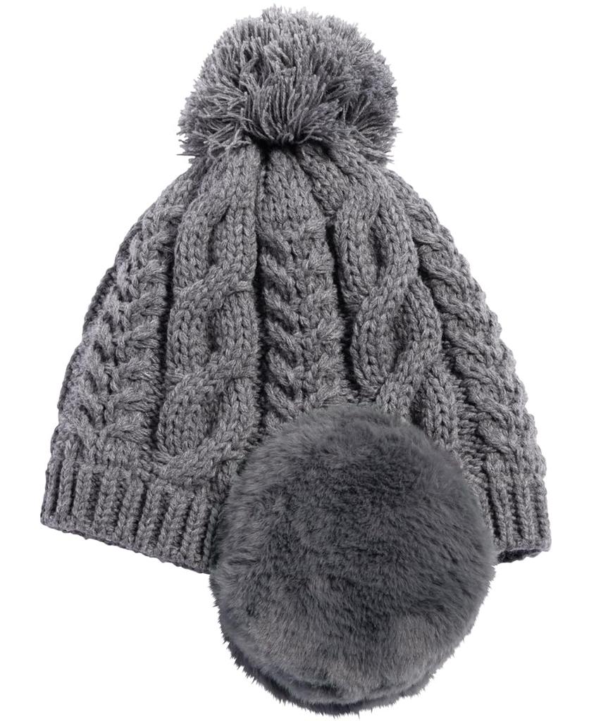 Knit Loose Faux Fur Pompom Heather Plus Knit Cold Weather Free Size Gray Loo&c Women's Hat, Fit, Earmuffs, Knit, Size, Cap, Protection, Autumn/Winter,