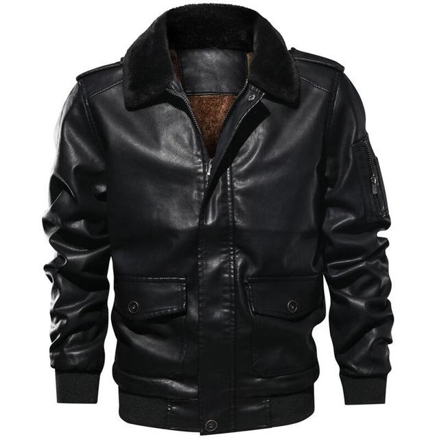 Men's Winter Leather Jacket Casual Fur Turn Down Collar Retro PU Flight Jackets Man Fleece Warm Faux