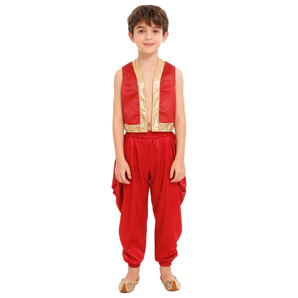 Dětský arabský cosplay kostým Sada Volná vesta Saténové dhoti kalhoty Elastický pas Široké kalhoty Halloweenský převlek