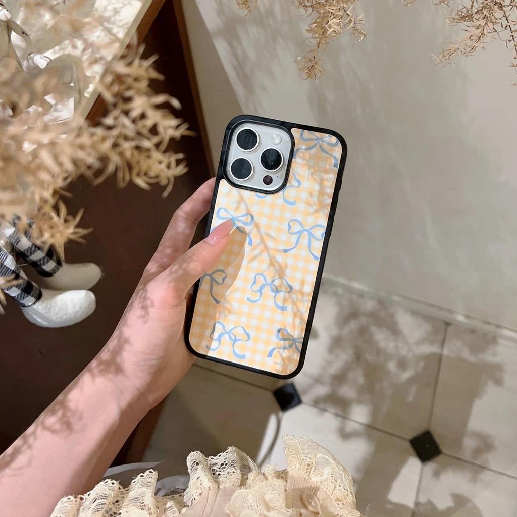 ins yellow plaid bow for iPhone17Pro mobile phone case 15 matte PC16 girl 13 large holes 14 hard