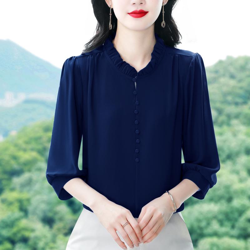 Spring Summer Women Tops Patchwork Silk Chiffon Blouse 3/4 Sleeve Elegant Fashion Office Lady Jacquard Shirt Blusa