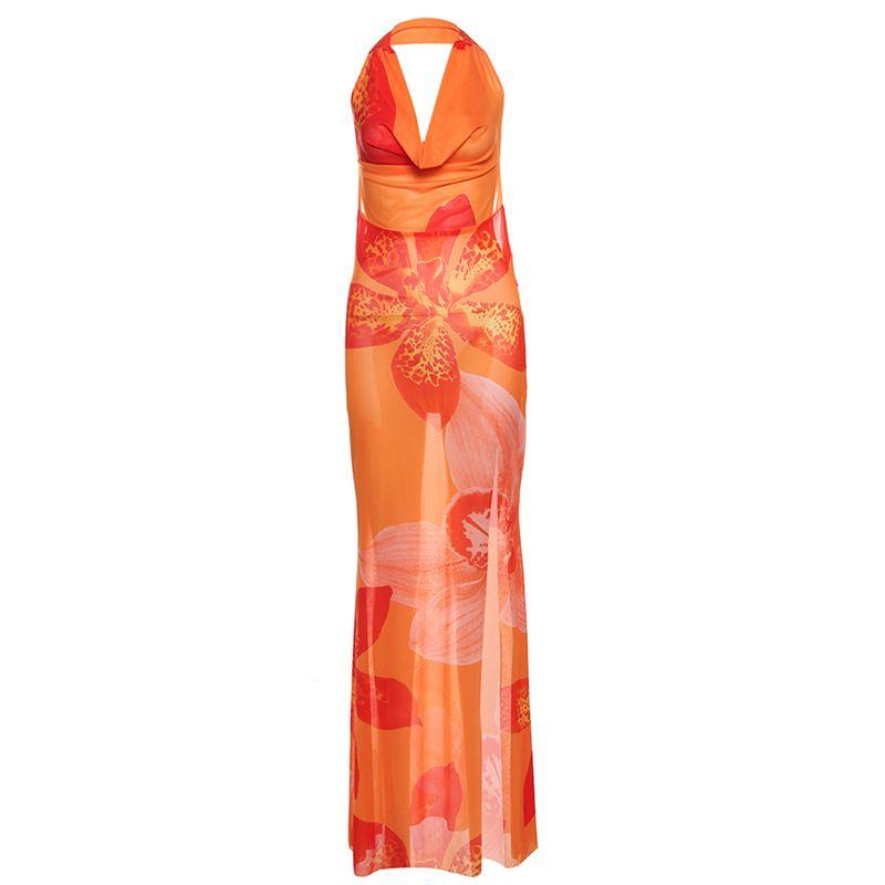 

# Sisjuly# Европейский и американский стиль праздника Ins Цветочный принт и окрашивание С разрезом Сексуальное Слегка прозрачное Платье с отложным воротником на шее Женское Orange color S