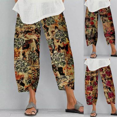 Spodnie dresowe damskie Boho Print Bawełniane lniane spodnie Kieszonkowe spodnie na co dzień
