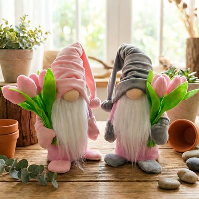 Valentine's Day Plush Gnome with Pink Tulips Spring Stuffed Gnome Doll for Tiered Tray Fireplace Table Decor Gifts for Her Wife Teacher Girls