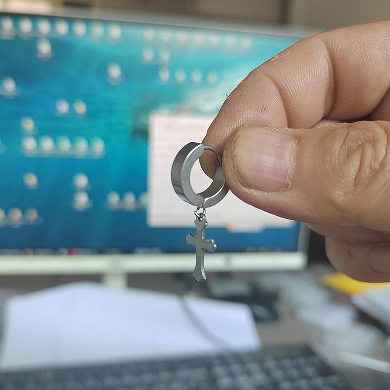 

Trendy Black Cross Pendant Stainless Steel Hip-Hop Earrings - Korean Style