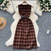 Herbst Winter Damen Vintage V-Ausschnitt Kariert Einreihig Lang Midi Tweed Tank Kleider mit Gürtel