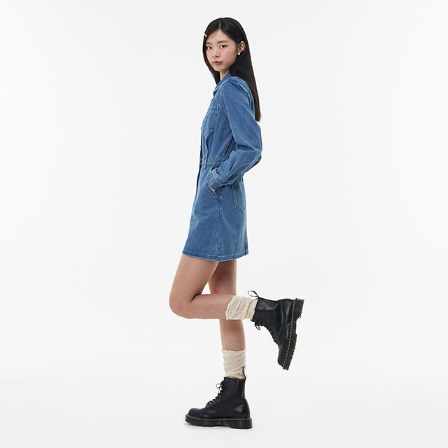 Rap Out-Pocket Shirt-Style Collar Denim Dress Aq1Do260