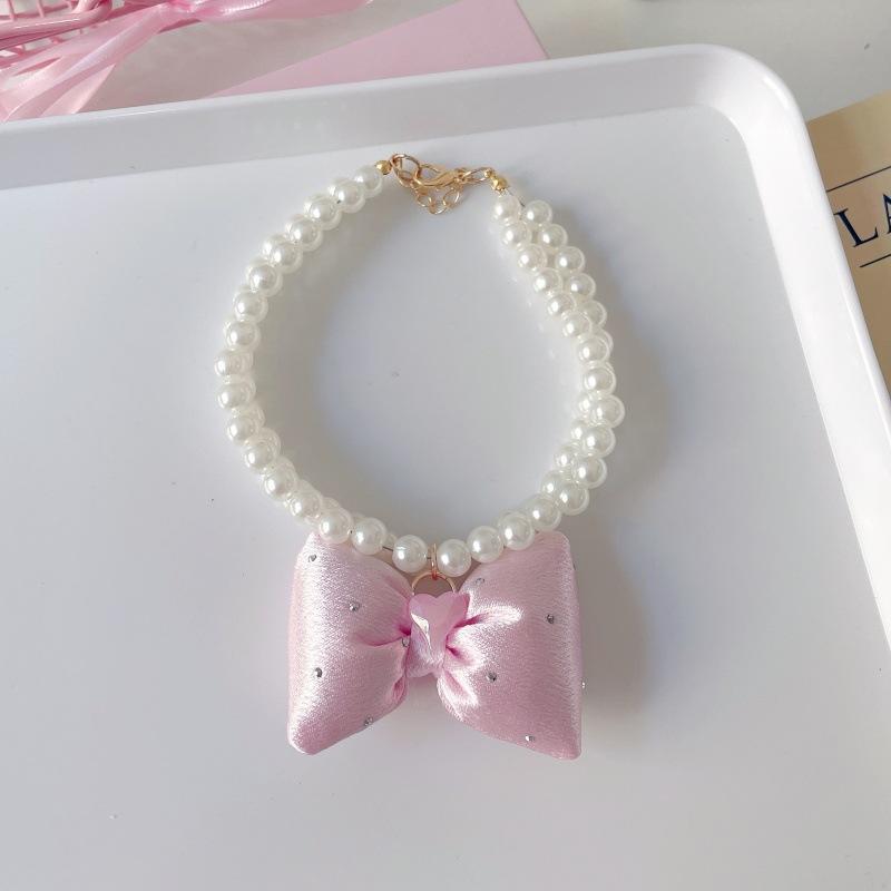 Bright Satin Bow Imitation Pearl Double Necklace Pet Dressing‑Up Accessory For Cat Dog Birthday Gift