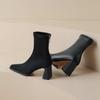 Krazing Pot Microfiber Flock Winter Square Toe Thick High Heels Slip on Stretch Boots Stovepipe Women Ankle Boots