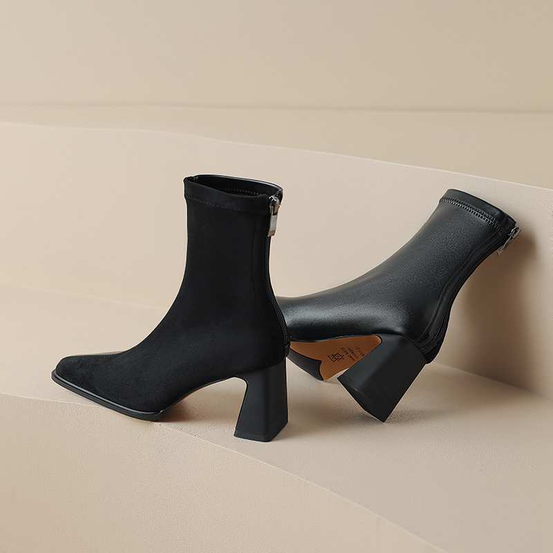 Krazing Pot Microfiber Flock Winter Square Toe Thick High Heels Slip on Stretch Boots Stovepipe Women Ankle Boots