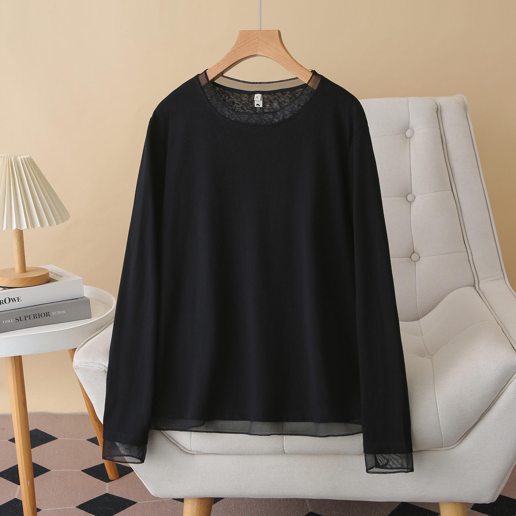 

2026 Spring Plus Size Women s Mesh Splicing Long Sleeve Round Neck Base Layer Top for Chubby Girls XL чёрный
