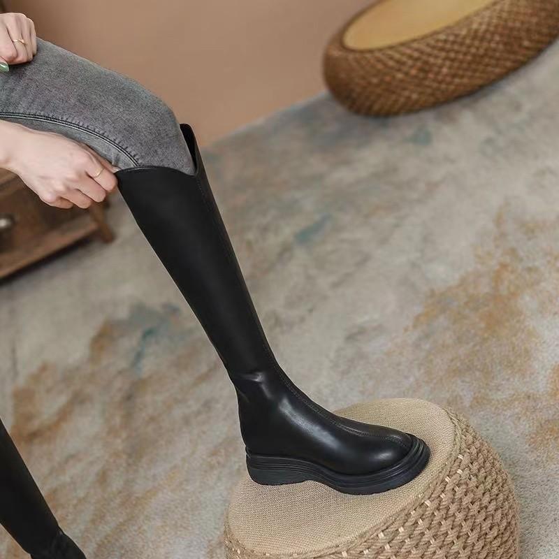 Boots Women'S Autumn And Winter New Flat Bottom Black Long Bootsvversatile Slimming Long Boots Height Increasing Elastic High