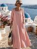 New Style Solid Color Square Neck Lace Patchwork Long Skirt Dress with Seven-Sleeves for Women