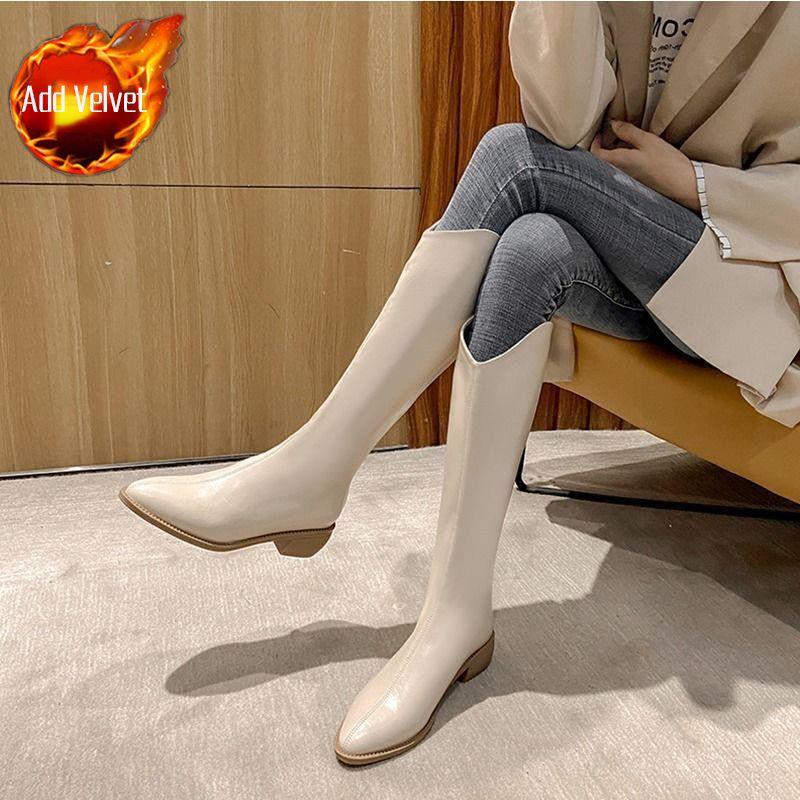 Fashion Middle Heel Knee High Shaft Shoes Woman Leather Brown Pointed Toe Long Boots for Women Comfortable and Elegant New in Footwear