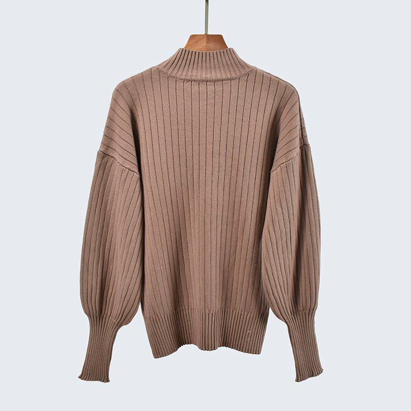 High Quality Autumn and Winter Half Turtleneck Knitting Sweater Sunken Stripe Long Sleeves Idle Style Pure Color Base Pullover Heattech Women's Top