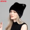 JERYAFUR Women Faux Fur Cat Ear Winter Hat, Cute Rhinestone Decor Fluffy Warm Fashion Ladies Cap for Cold Weather