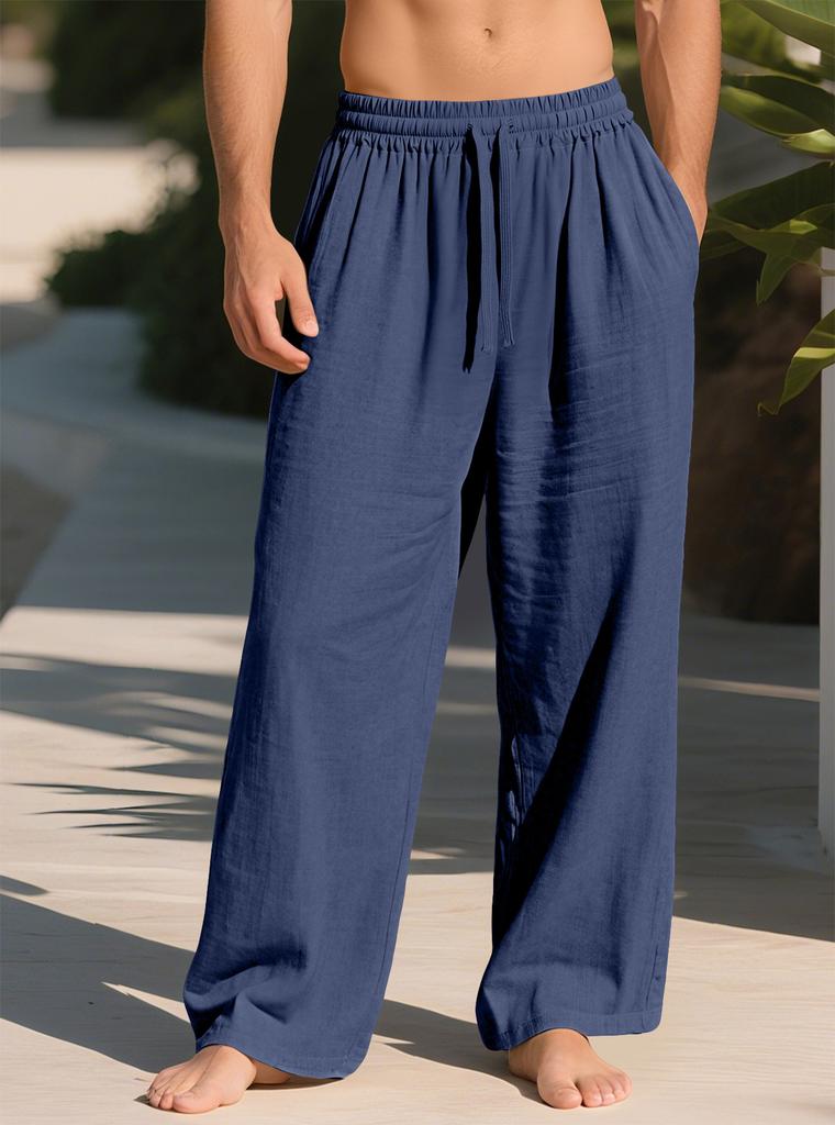 Men's loose new linen casual wide-leg pants beach casual straight-leg pants linen material