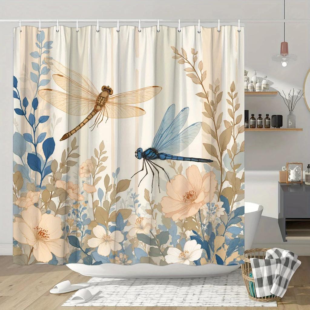 Whimsical Dragonfly and Floral Fusion Shower Curtain - Artistic Bath Decor, Perfect for Those Who Love Nature-Inspired