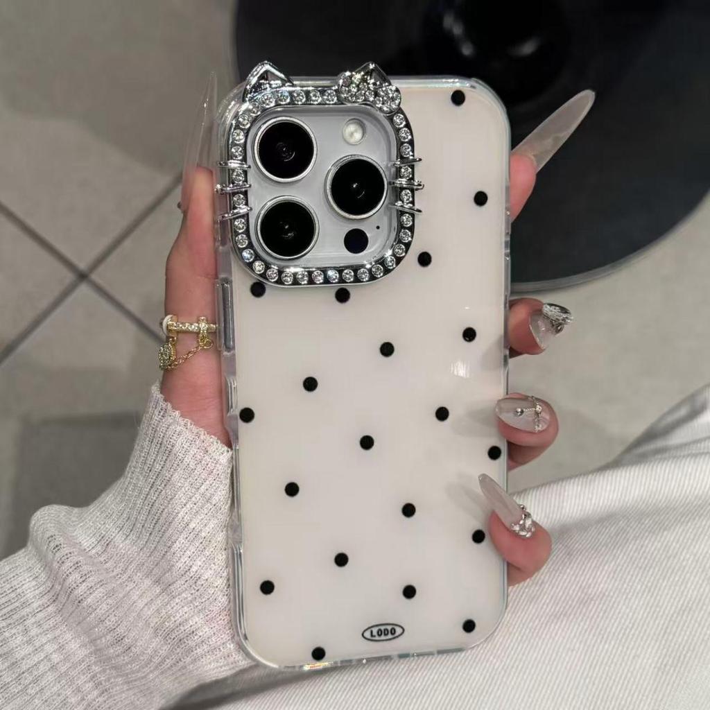 INS Style Full-Screen Polka Dot Cat Lens Case for iPhone 17/16 Pro Max - Simple Design for iPhone 15/13