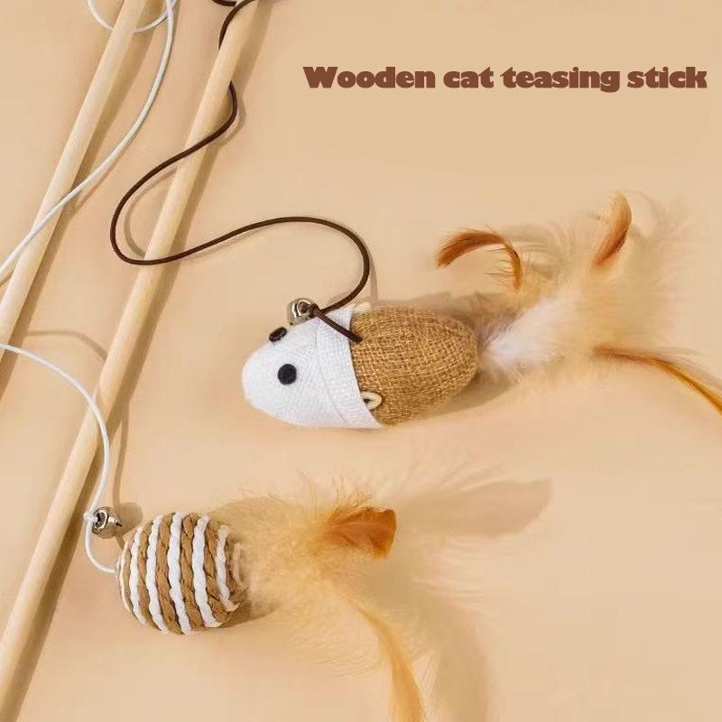 Cat Toys Linen Mouse Wooden Pole Cat Teasing Sticks Handheld Pole Wear Resistant Cats Relieve Boredom Pet Supplies Bite Resistan