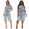 Women Two Piece Denim Outfit One Shoulder Top and Bermuda Shorts Set Frayed Hem Casual Summer Tracksuit