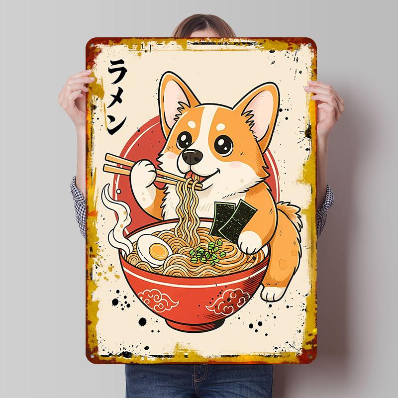 Corgi Eating Ramen Cartoon Metal Poster Customized Wall Art Retro Vintage Tinplate Signs for Setup Decorations Home Decor Items