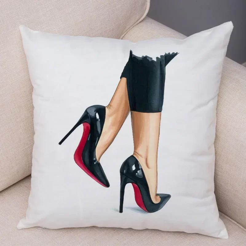 Lady High Heel Shoes Print Cushion Cover for Car Sofa Home Super Soft Short Plush Pillow Case Decor Cartoon Pillowcase 45*45 Cm