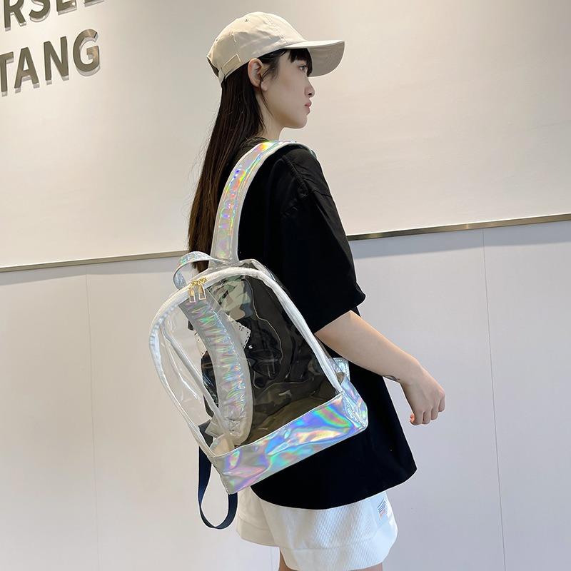 Zaino in PVC trasparente da donna, jelly, a righe, patchwork, laser, borsa da scuola, zaino alla moda per studenti di scuola media, borsa da spiaggia