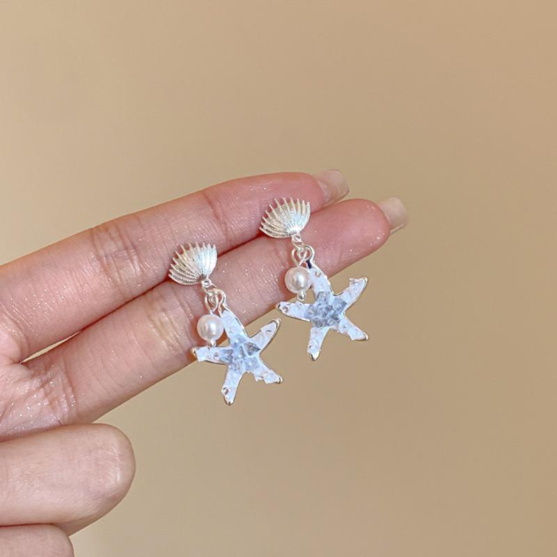 Blue Crystal Starfish Pearl Stud Earrings: Elegant, Luxurious, High-End S925 Silver, Exquisitely Small Design for Women