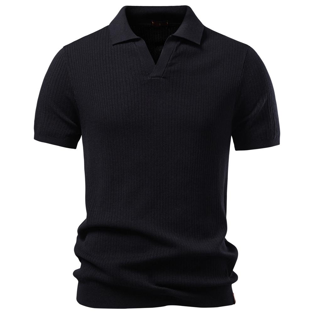 

AIOPESON Men s Ribbed Knit Polo Shirt Turn Down Collar Ice Silk Short Sleeve Smart Casual Old Money V Neck Pullover Top EUR S 55-65kg чёрный