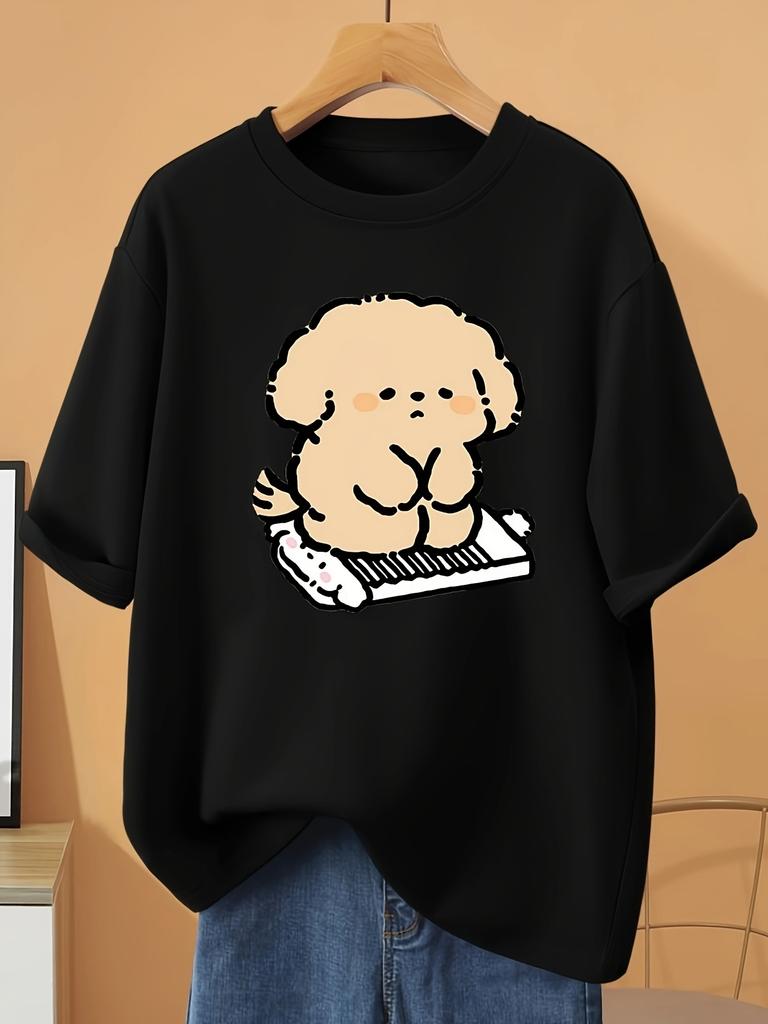 Casual Short Sleeve T-Shirt Suitable for Year-Round Wear - Round Neck Comfortable Everyday Top with Cute Cartoon Dog Print, Niche Style for Dog Lovers
