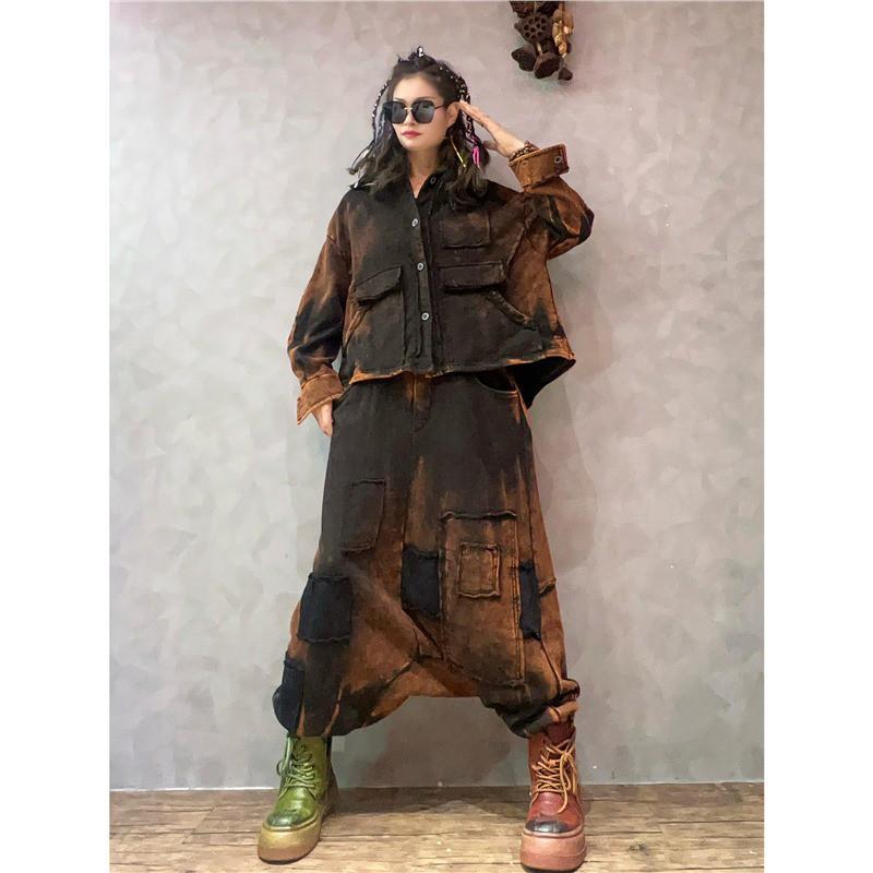 Womens Street Style Vintage Wash Thick Fleece Hoodie Top Loose Pants Set Casual 2-Piece Outfit Fall