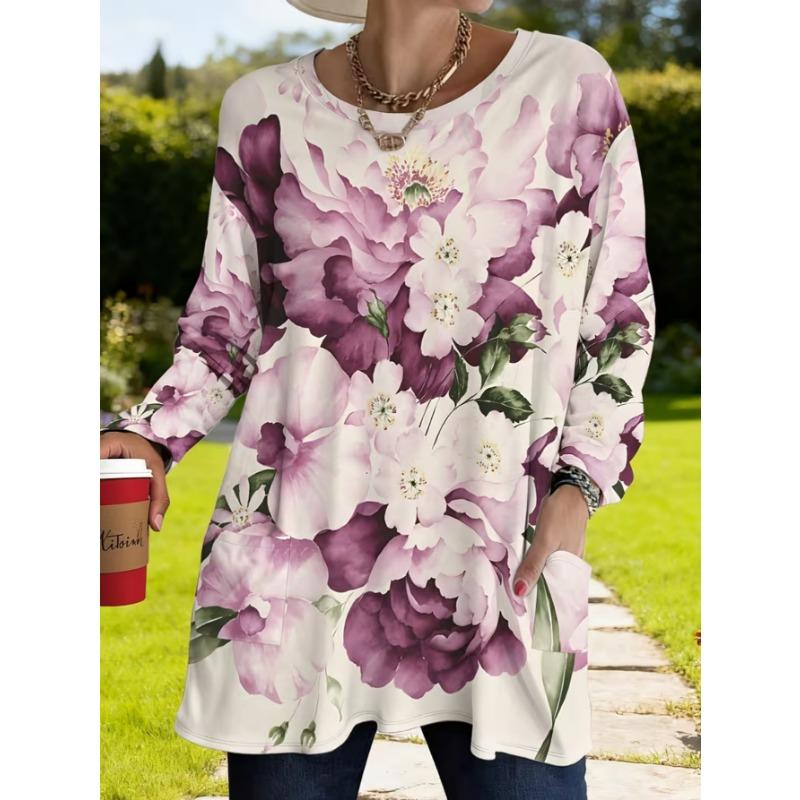 Women's long-sleeved round-neck T-shirt, suitable for spring, autumn and winter seasons. It has pockets and print designs. machine washable.
