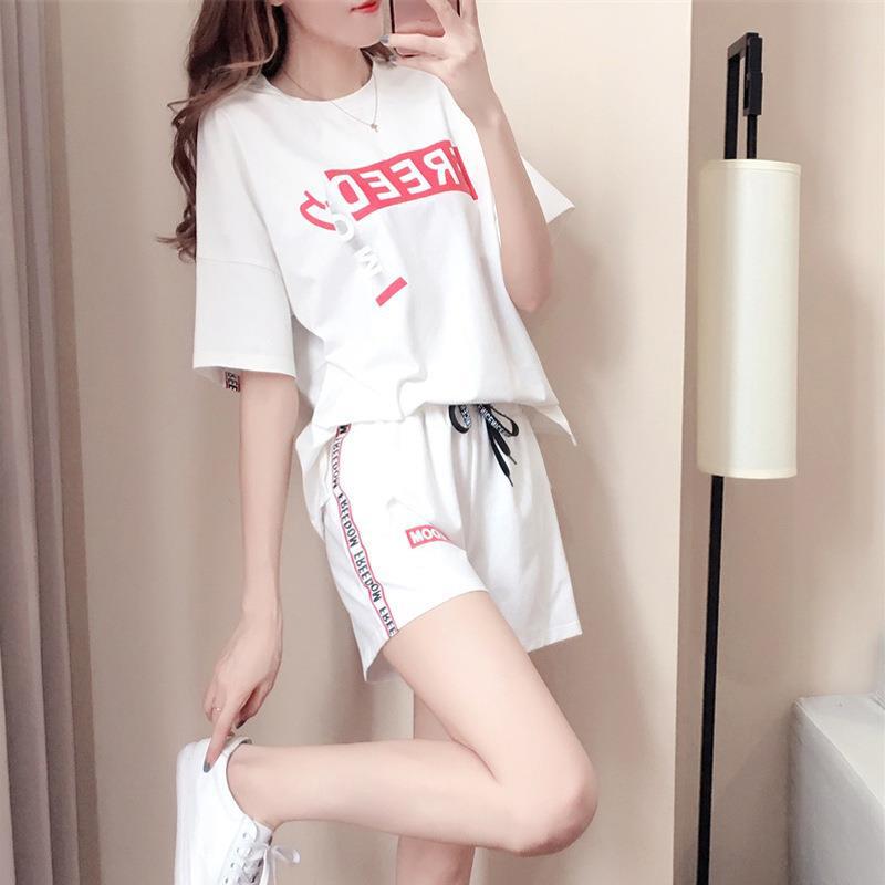 Casual Sports Suit for Women Summer Korean Style Fashion Loose Short-sleeved Plus Size Shorts Running Two-piece Set