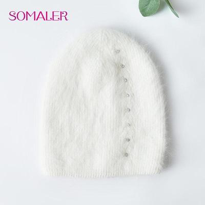 Cappelli invernali in lana d'angora per donna, caldi e soffici cappelli in maglia di lana con decorazione, doppi strati, cappello da neve alla moda