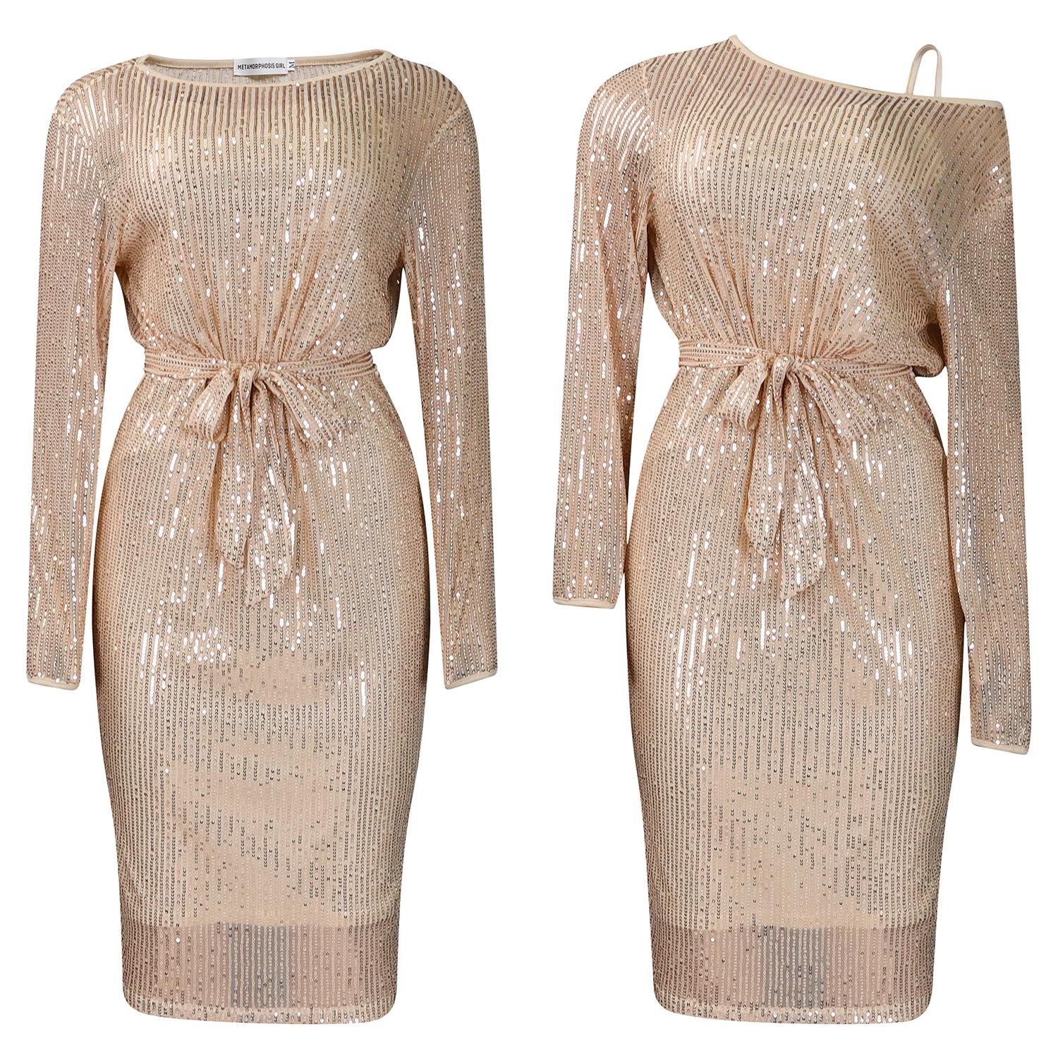 

Женский весенний комплект из двух частей с косым воротником и пайетками, а-силуэтный воротник, сексуальное банкетное платье-комбинация XXL шампанского