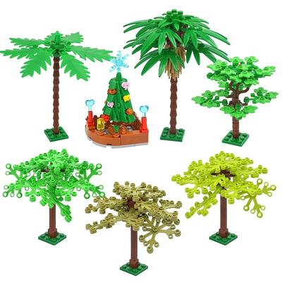MOC Brick Plant Tree DIY Forest Parts Trunk Palm Pine Leaf Educational Building Blocks Figures Christmas Tree With Plate Kid Toy