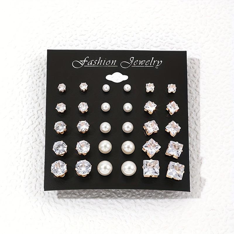 15-Pair Retro & Geometric Stud Earring Set: Pearl & Six-Claw Cubic Zirconia