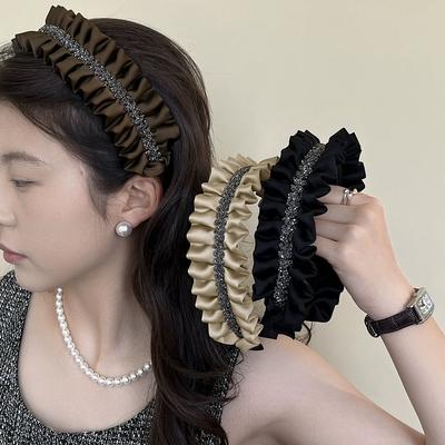 AWAYTR Solid Color Rhinestone Headband Elegant Pleated Laces Hair Hoop Women Girls Sweet Shaped Headband Female Hair Accessories