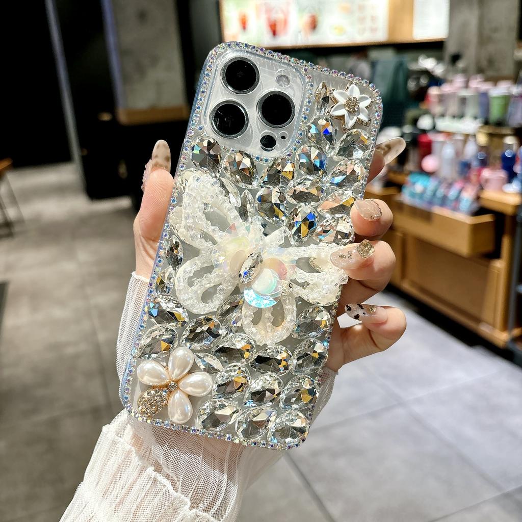 For iPhone 15 Pro Case Glass Rhinestone Decor Butterfly Pattern TPU Phone Back Cover