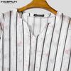 INCERUN Men Long Sleeve Striped Crochet Hollow Semi-Sheer Texture Tops T-shirts