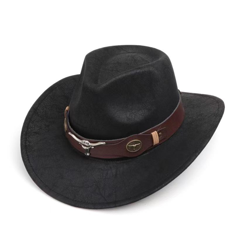 New Fashion Cow Head Decorate Western Cowboy Hat Faux Leather Vintage Gentleman Jazz Hats For Men Panama Cowgirl Hat