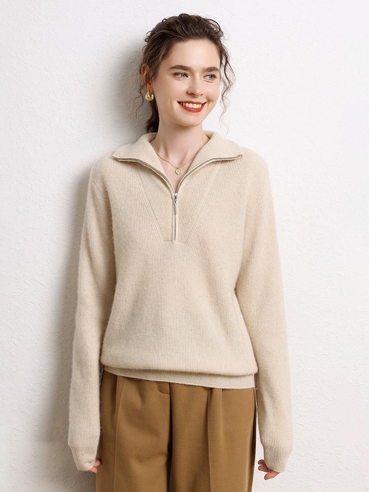 Women's Cashmere Bobble Stitch Half-High Collar Zipper Cardigan