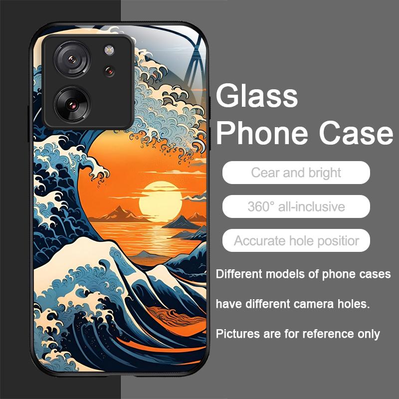 Tempered Glass Phone Case for Motorola Moto G85 G84 G75 G55 Edge 50 Fusion 40 Neo 30 Pro Japanese Ancient Structure Waves Cover